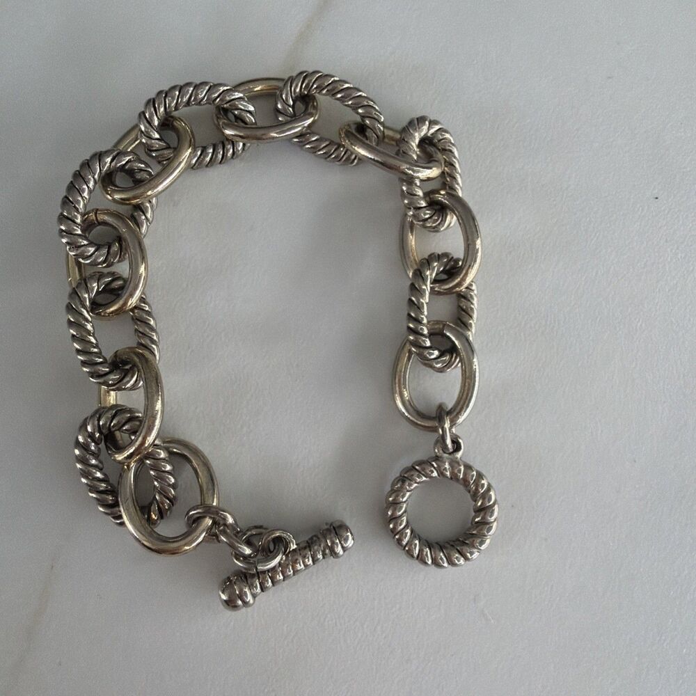 Vintage Silver Tone Oval Rope Link Toggle Bracelet Chunky Metal Y2K